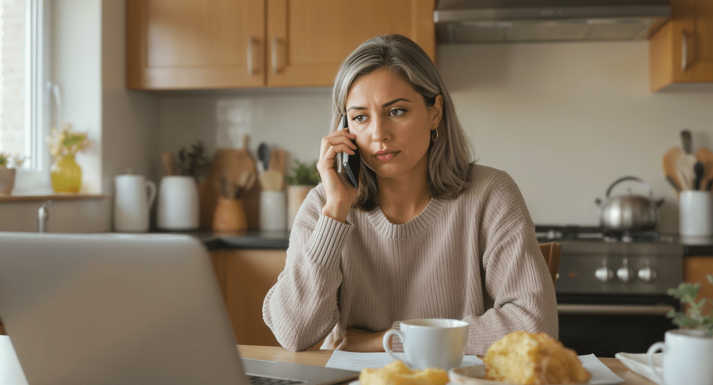 Woman on phone at kitchen table reviewing assistance options