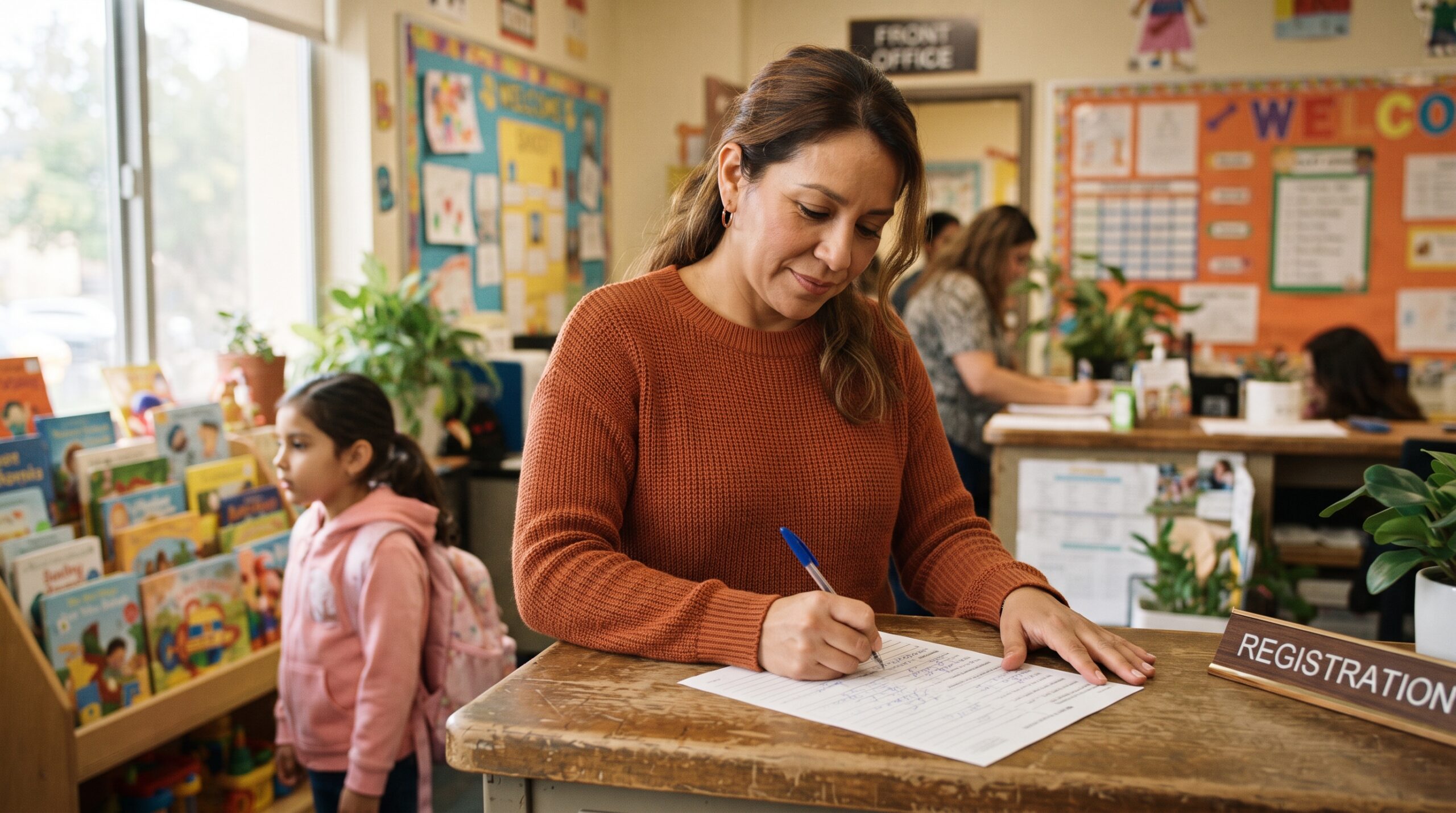 A best-interest determination that a child needs a new school triggers immediate enrollment, even before any records arrive.