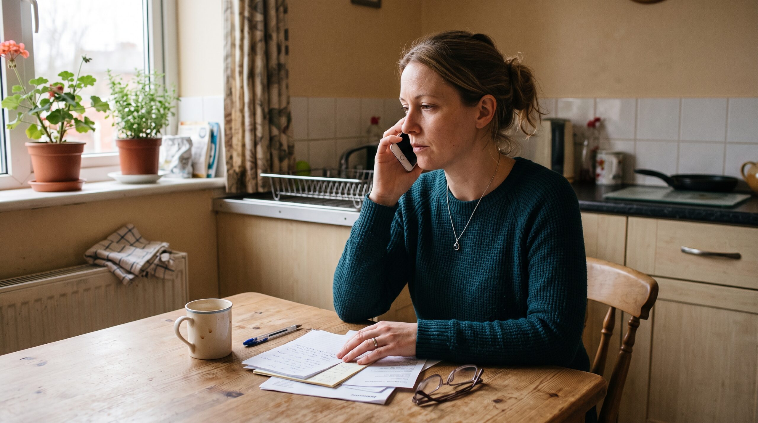 Woman at a kitchen table on the phone, reviewing bills and paperwork